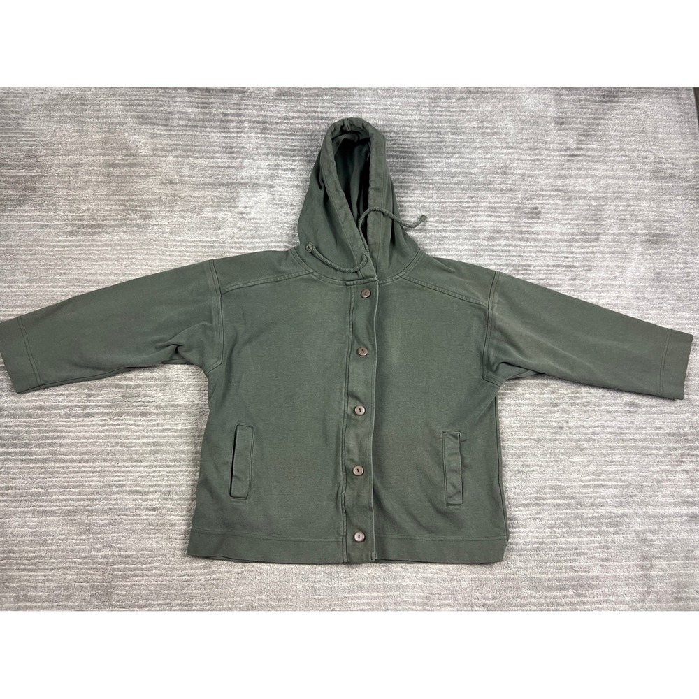 OBR Hoodie Womens Small Green Button Front Boxy Cotton Elbow Patch Casual Jacket